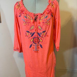 Johnny Was JW Los Angeles Dress Womens Size S Red Embroidered 3/4 Sleeve